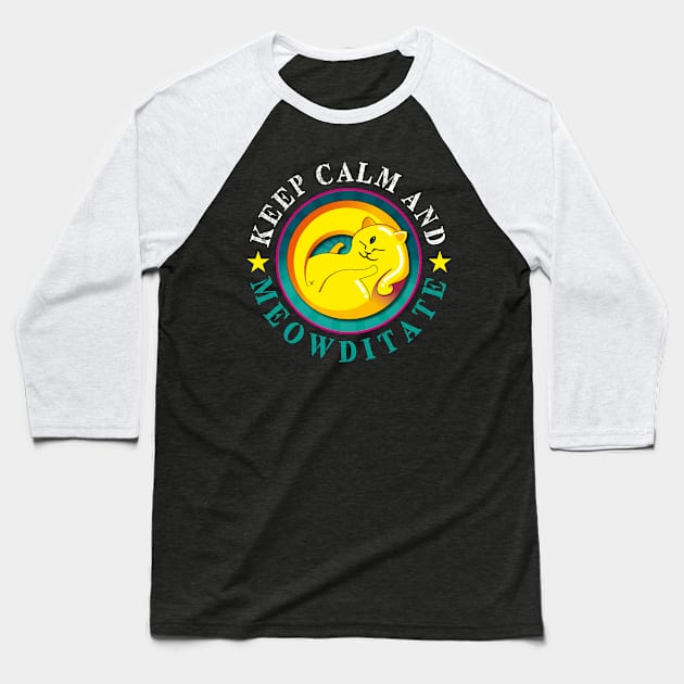 Meowditating Cat Baseball T-Shirt by YelloCatBean